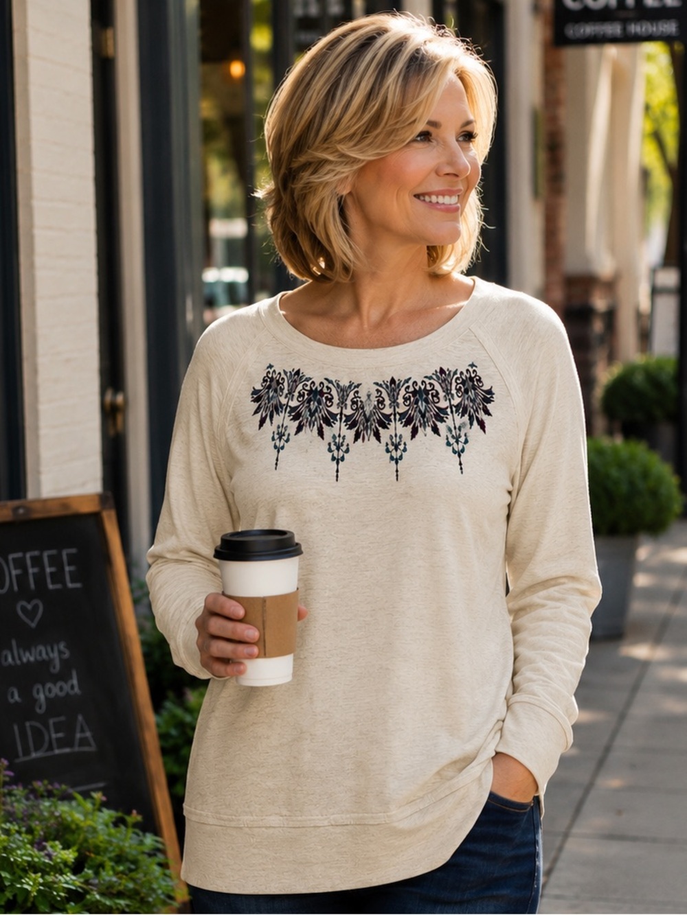 Knox Rose XL Embroidered Ivory Exposed Seam Long Sleeve Top Boho